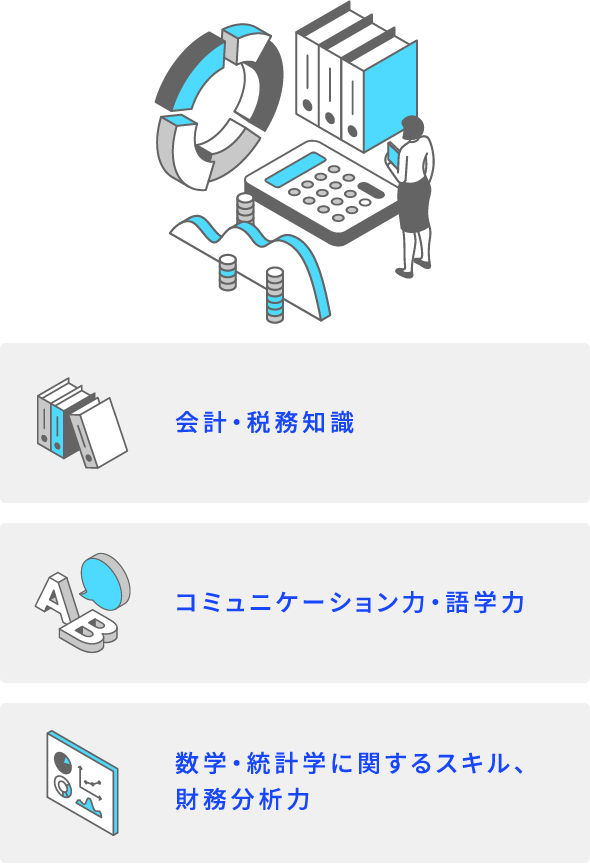 会計・税務知識 コミュニケーション力・語学力 数学・統計学に関するスキル、財務分析力