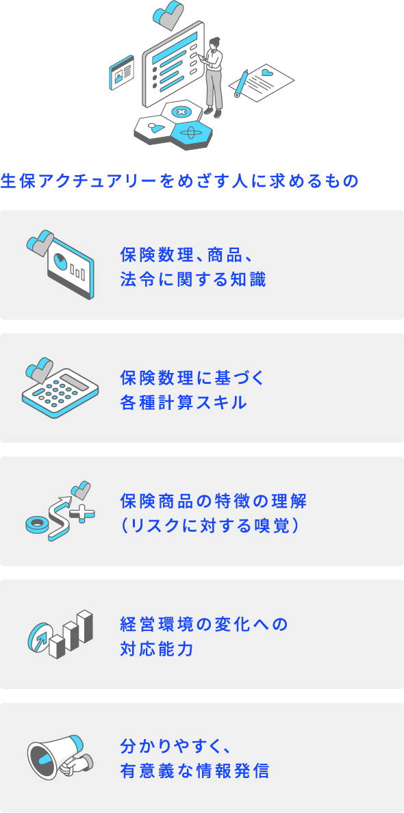 生保アクチュアリーをめざす人に求めるもの 保険数理、商品、法令に関する知識 保険数理に基づく各種計算スキル 保険商品の特徴の理解(リスクに対する嗅覚) 経営環境の変化への対応能力 分かりやすく、有意義な情報発信