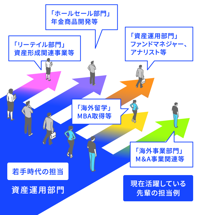 「ホールセール部門」年金商品開発等 「リーテイル部門」資産形成関連事業等 「資産運用部門」ファンドマネジャー、アナリスト等 「海外留学」MBA取得等 若手時代の担当 資産運用部門 「海外事業部門」M&A事業関連等 現在活躍している先輩の担当例
