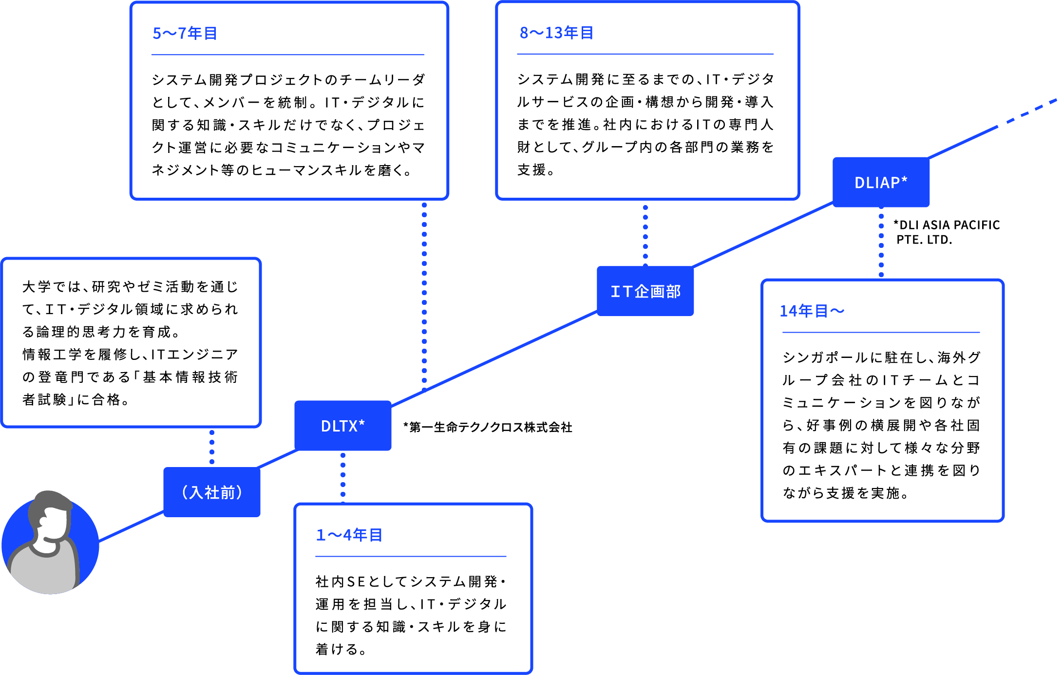 (入社前) 大学では、研究やゼミ活動を通じて、IT・デジタル領域に求められる論理的思考力を育成。情報工学を履修し、ITエンジニアの登竜門である「基本情報技術者試験」に合格。 DLTX* 1~4年目 社内SEとしてシステム開発・運用を担当し、IT・デジタルに関する知識・スキルを身に着ける。 *第一生命テクノクロス株式会社 5~7年目 システム開発プロジェクトのチームリーダとして、メンバーを統制。 IT・デジタルに関する知識・スキルだけでなく、プロジェクト運営に必要なコミュニケーションやマネジメント等のヒューマンスキルを磨く。 IT企画部 8~13年目 システム開発に至るまでの、IT・デジタルサービスの企画・構想から開発・導入までを推進。社内におけるITの専門人財として、グループ内の各部門の業務を支援。 DLIAP* 14年目〜 シンガポールに駐在し、海外グループ会社のITチームとコミュニケーションを図りながら、好事例の横展開や各社固有の課題に対して様々な分野のエキスパートと連携を図りながら支援を実施。 *DLI ASIA PACIFIC PTE. LTD.