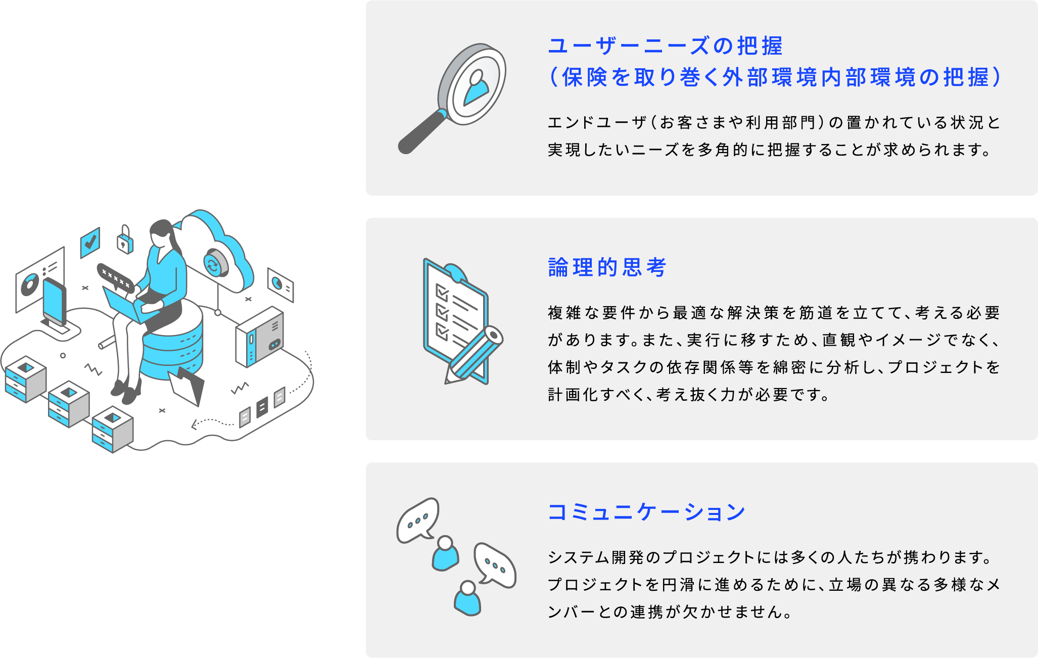 ユーザーニーズの把握(保険を取り巻く外部環境内部環境の把握) エンドユーザ(お客さまや利用部門)の置かれている状況と実現したいニーズを多角的に把握することが求められます。 論理的思考 複雑な要件から最適な解決策を筋道を立てて、考える必要があります。また、実行に移すため、直観やイメージでなく、体制やタスクの依存関係等を綿密に分析し、プロジェクトを計画化すべく、考え抜く力が必要です。 コミュニケーション システム開発のプロジェクトには多くの人たちが携わります。プロジェクトを円滑に進めるために、立場の異なる多様なメンバーとの連携が欠かせません。