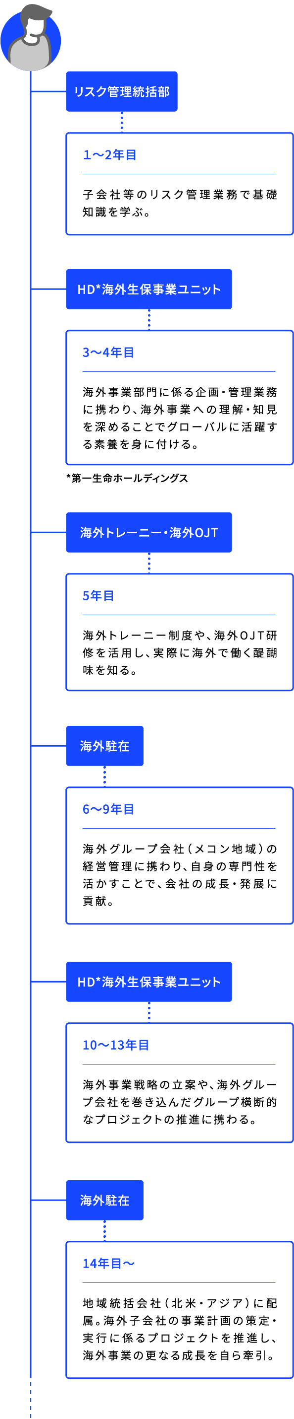 リスク管理統括部 1~2年目 子会社等のリスク管理業務で基礎知識を学ぶ。HD*海外生保事業ユニット 3〜4年目 海外事業部門に係る企画・管理業務に携わり、海外事業への理解・知見を深めることでグローバルに活躍する素養を身に付ける。 *第一生命ホールディングス 海外トレーニー・海外OJT 5年目 海外トレーニー制度や、海外OJT研修を活用し、実際に海外で働く醍醐味を知る。 海外駐在 6〜9年目 海外グループ会社(メコン地域)の経営管理に携わり、自身の専門性を活かすことで、会社の成長・発展に貢献。 HD*海外生保事業ユニット 10〜13年目 海外事業戦略の立案や、海外グループ会社を巻き込んだグループ横断的なプロジェクトの推進に携わる。 海外駐在 14年目~ 地域統括会社(北米・アジア)に配属。海外子会社の事業計画の策定・実行に係るプロジェクトを推進し、海外事業の更なる成長を自ら牽引。