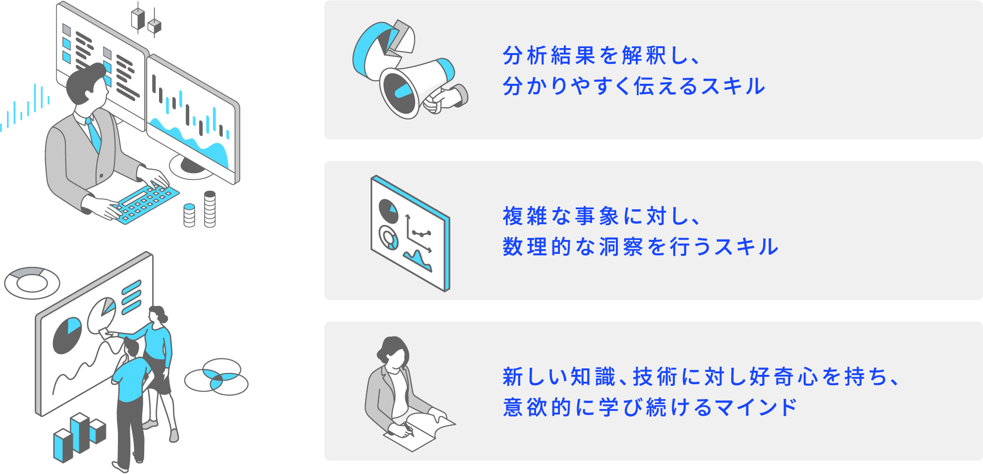 分析結果を解釈し、分かりやすく伝えるスキル 複雑な事象に対し、数理的な洞察を行うスキル 新しい知識、技術に対し好奇心を持ち、意欲的に学び続けるマインド